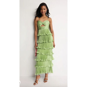 Ieena for Mac Duggal Green Pleated Tiered Ruffle Gown Size 8